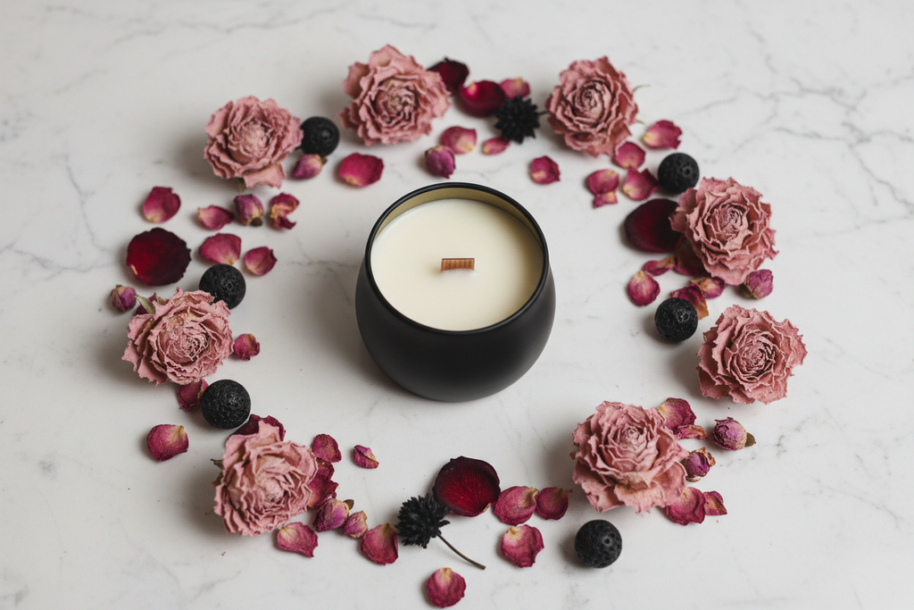 4 oz black matte jar candle flat lay with dried rosebuds on marble surface