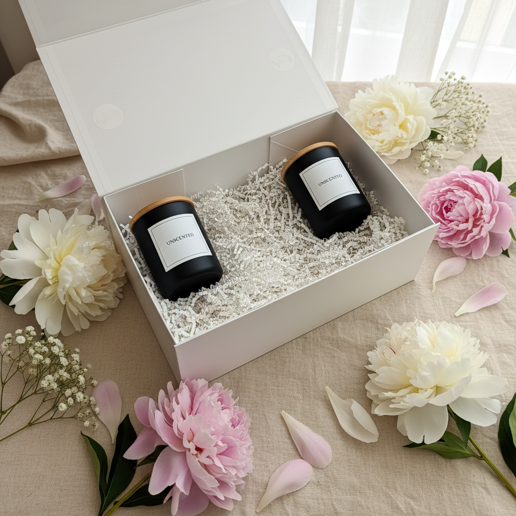 Belevante Unscented Candle Gift Set on cream linen with peonies