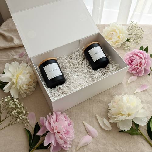 Belevante Unscented Candle Gift Set on cream linen with peonies