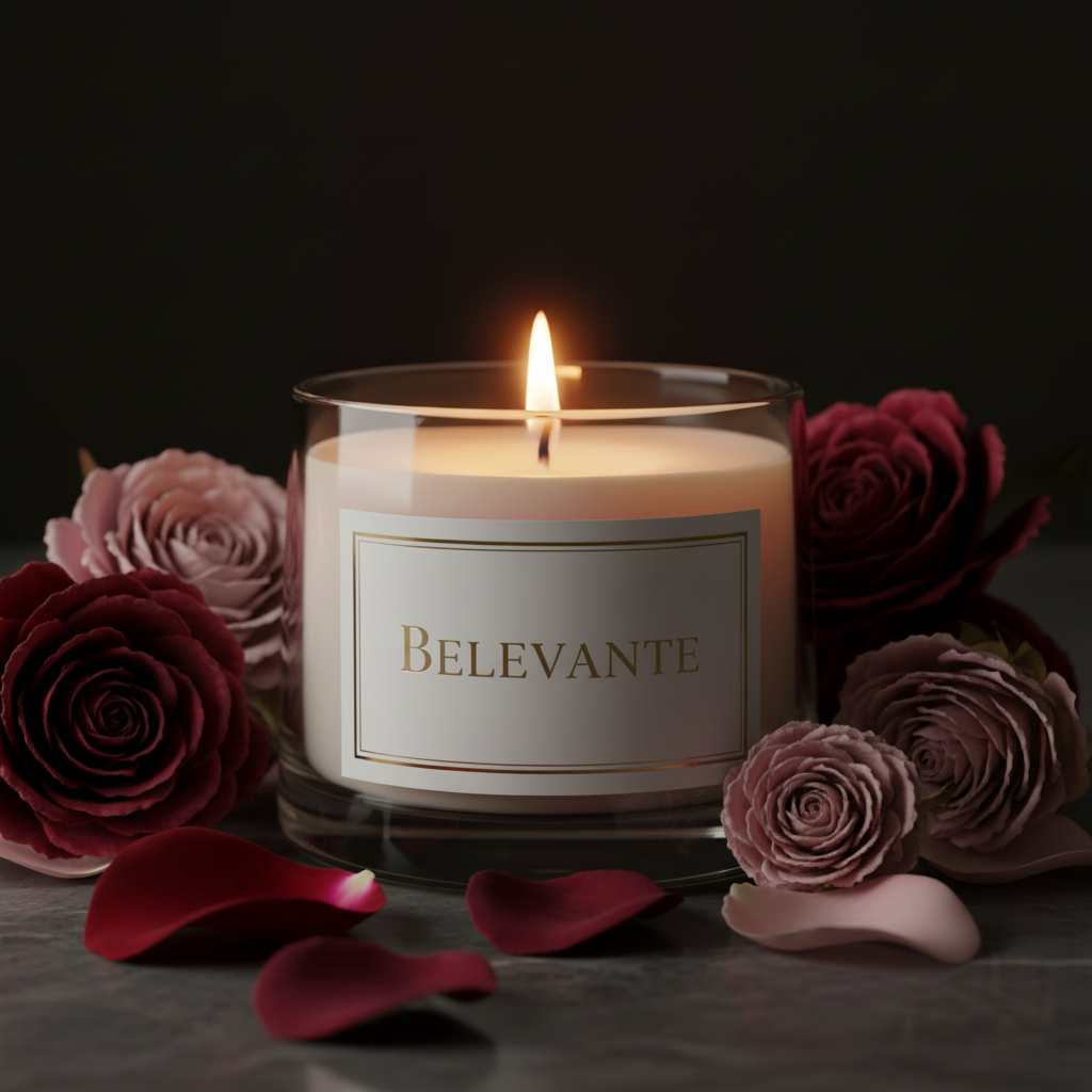 4 oz Belevante clear glass jar candle surrounded by roses, dark editorial style